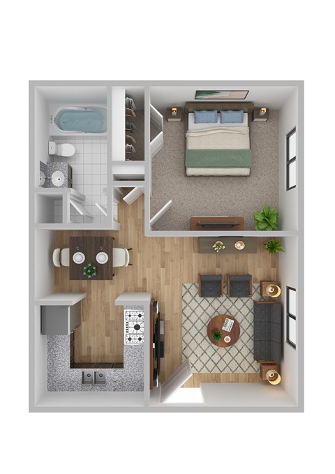 Floor plan for 1 bed, 1 bath, 594 sqft